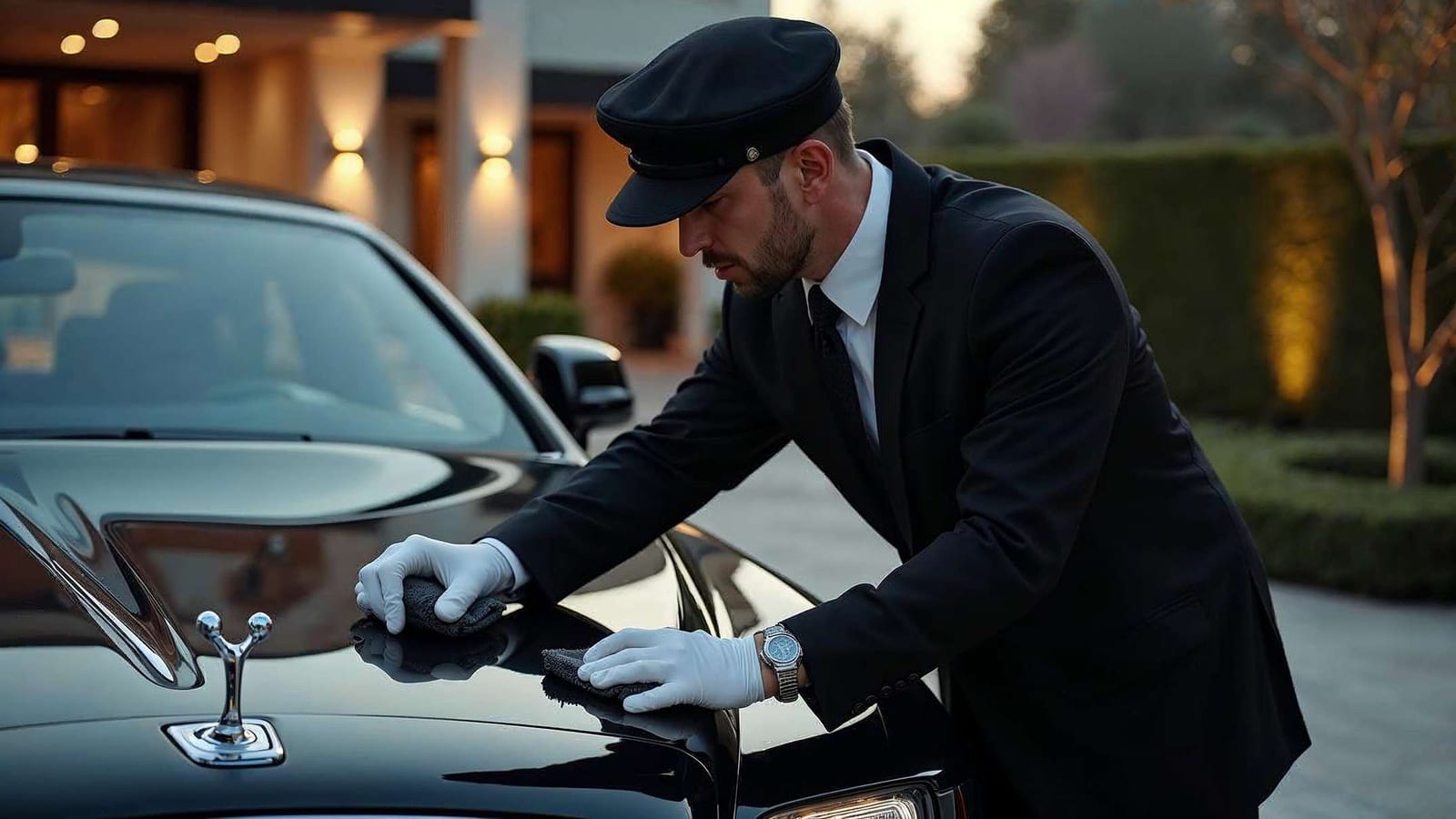 A chauffeur in a cap attending to a black car