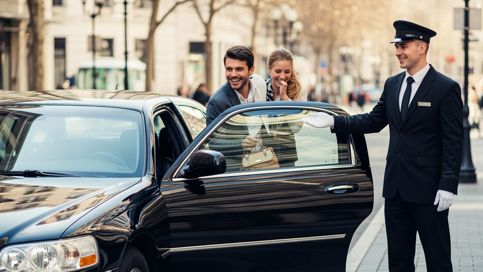 A chauffeur holding the door for a couple