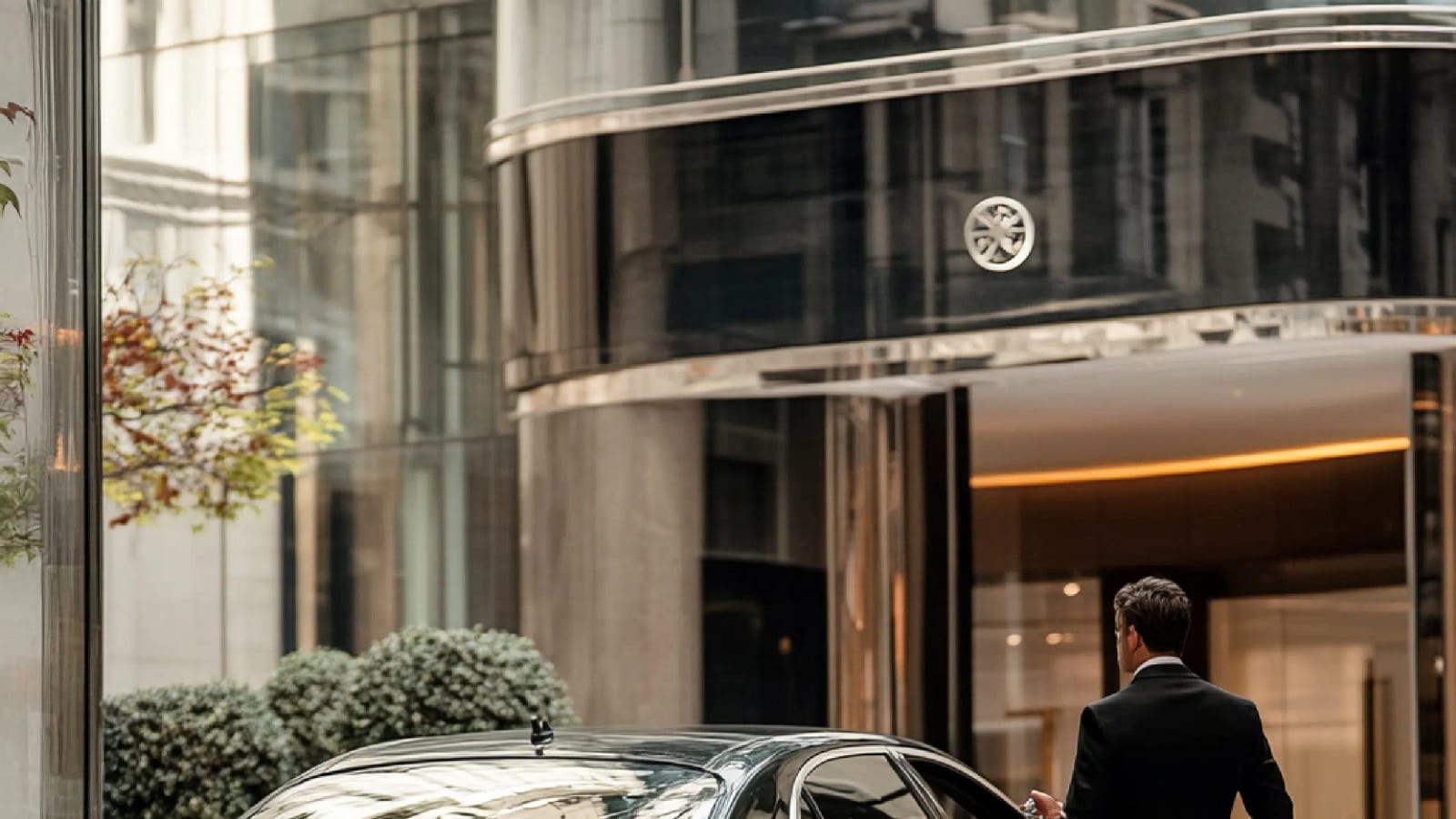 A chauffeur opening the door of a black sedan outside a hotel