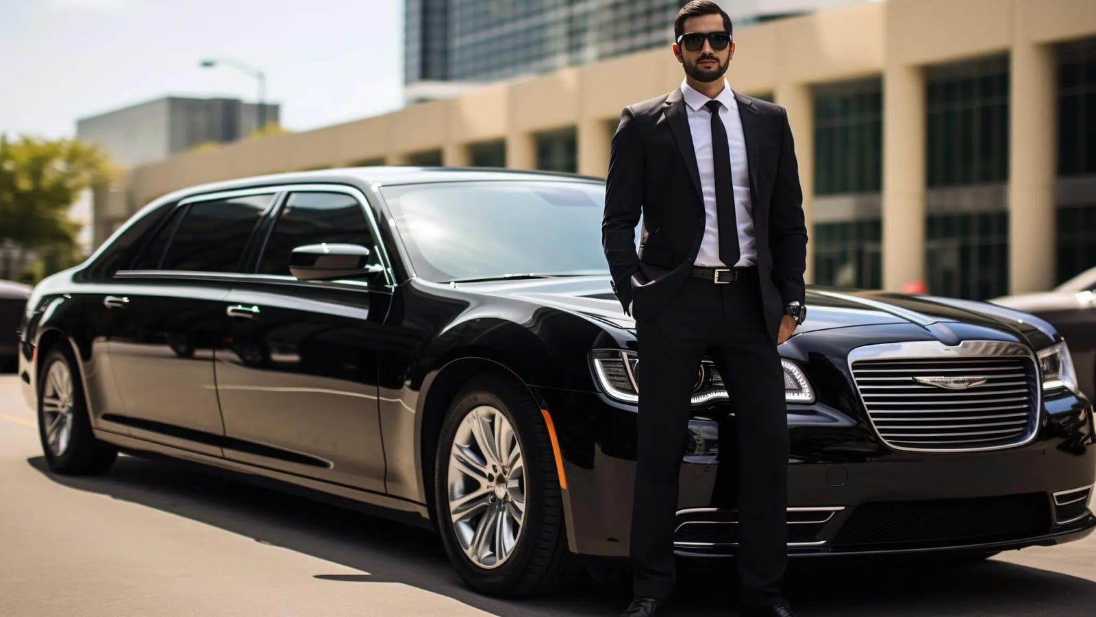A chauffeur standing beside a black stretch limousine