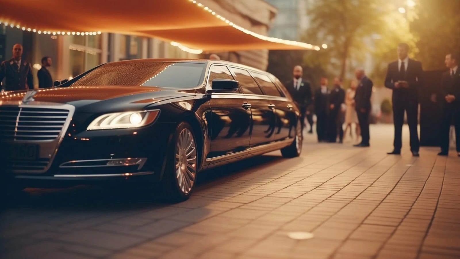 A black limousine arriving at an evening event