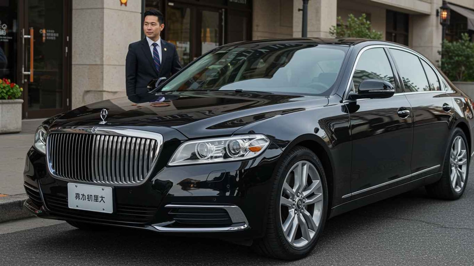 A chauffeur beside a black sedan, seen from the front