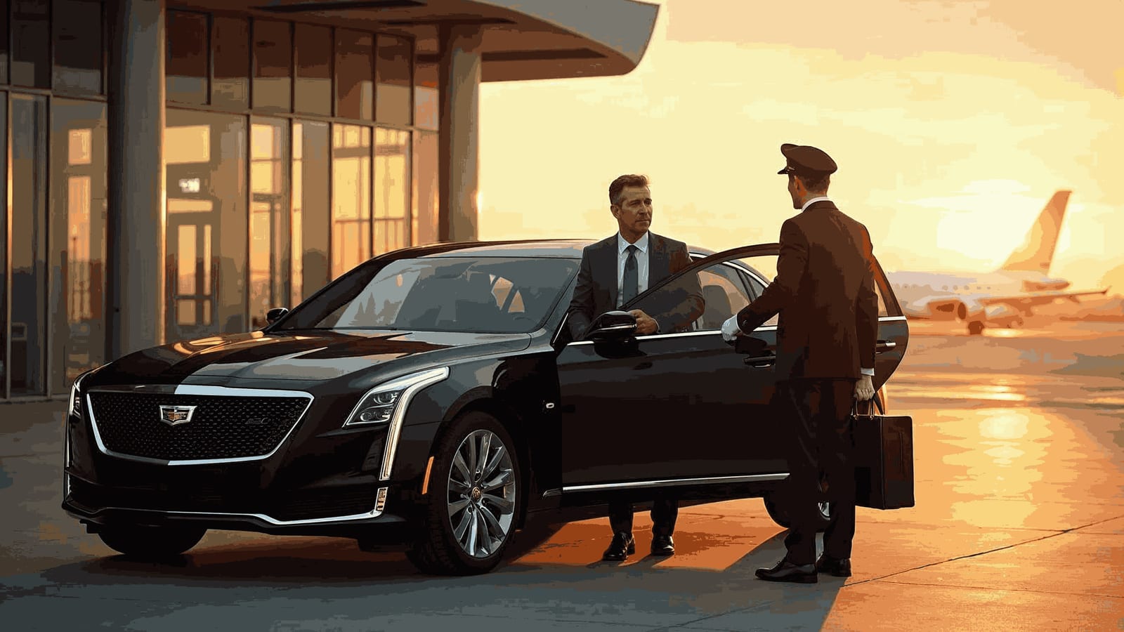 A chauffeur meeting a passenger beside a black sedan at sunset