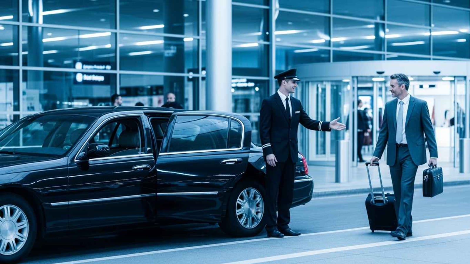 A chauffeur greeting a traveller with luggage outside the terminal
