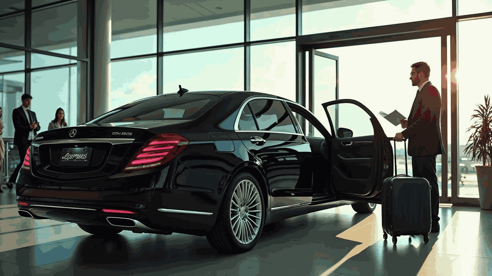 A black sedan at the terminal door with a traveller and his case