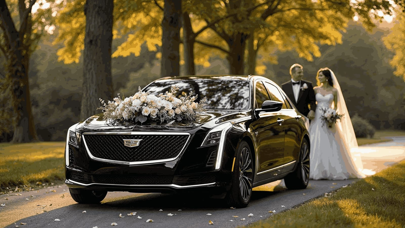 A black Cadillac dressed with flowers, with the bride beside it